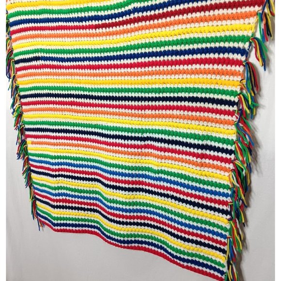 Handmade Crochet Rainbow Stripe Baby Afghan Blanket Fringe Colorful 52"x 44" - Picture 2 of 8